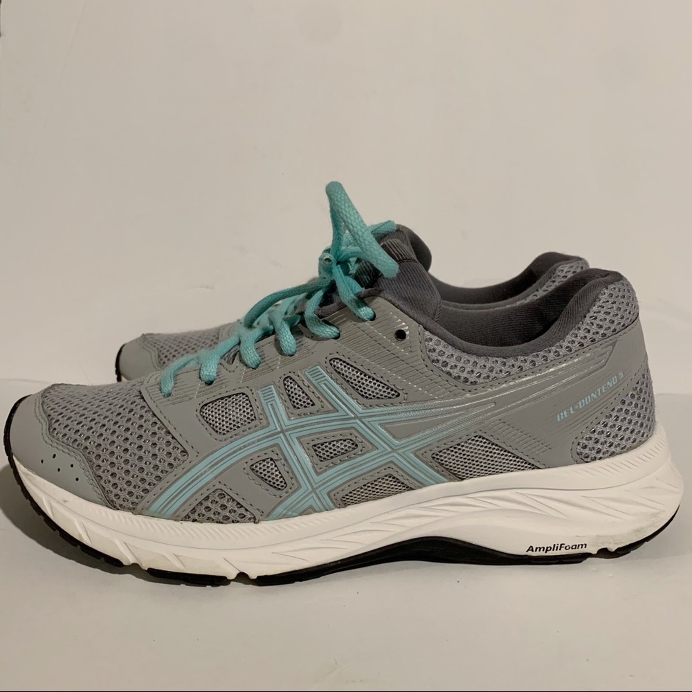 Asics Gel Contend 5 Athletic Running Shoe, Gray White & Blue, Womens Size 7.5